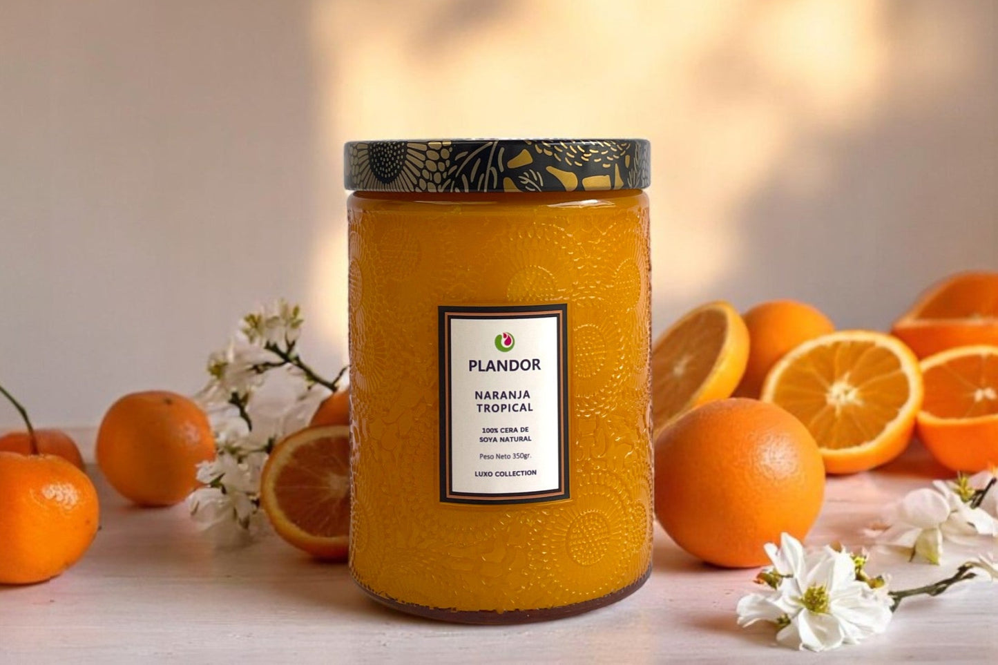 Vela Plandor Naranja Tropical – Cítrica y Energizante (500g, Vidrio con tapa, 100% Cera de Soya Natural)